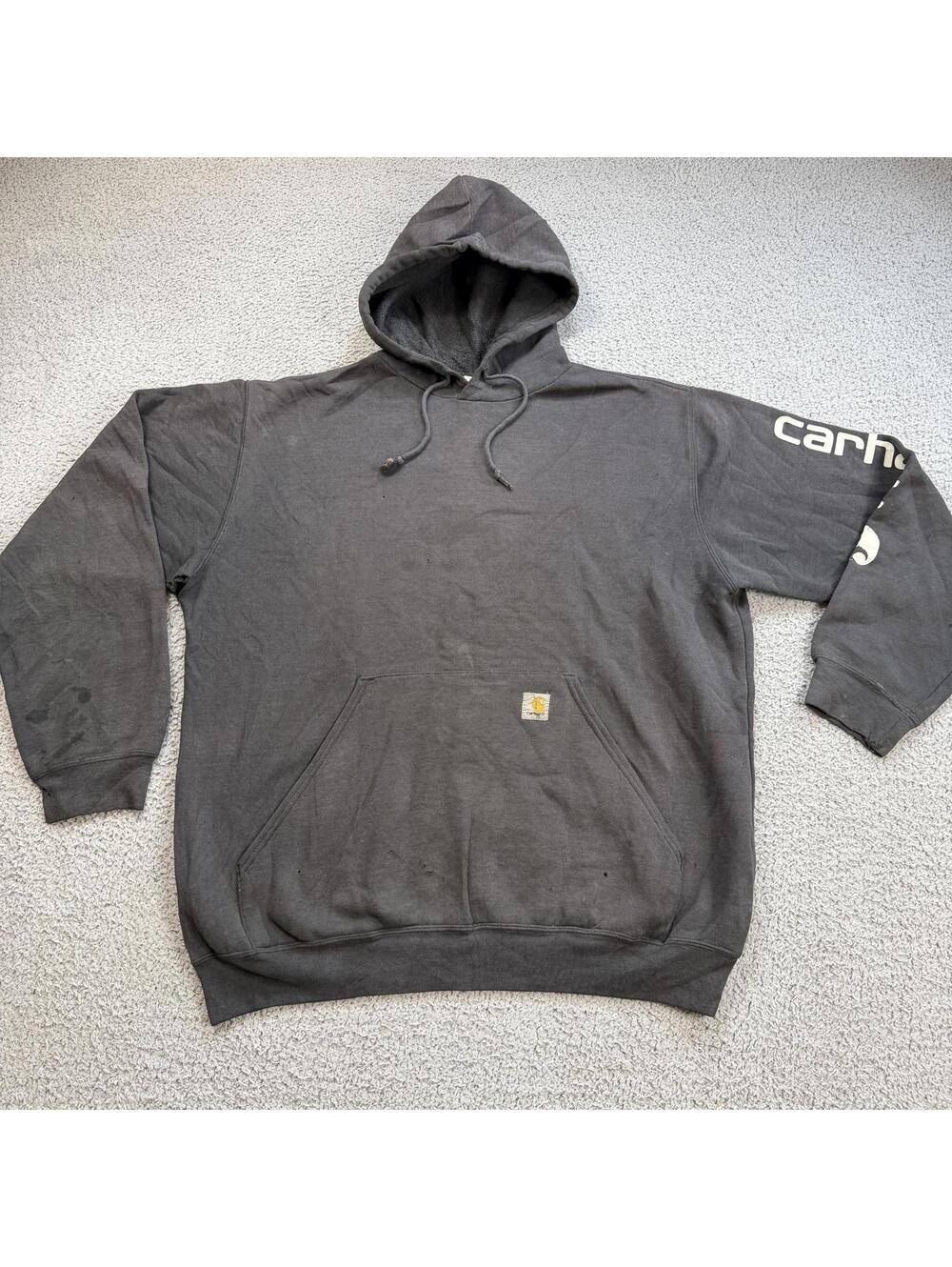 Carhartt Hoodie Distressed Beater Faded Black Workwear Spell Out Sleeveβ Logo L